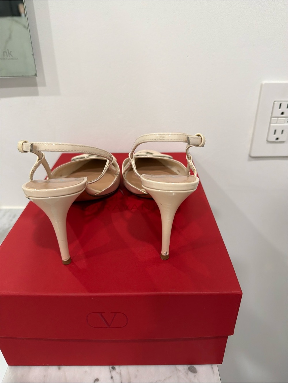 Valentino Ivory Patent Pointed-Toe Slingback Pumps with V Logo - Picture 2 of 3